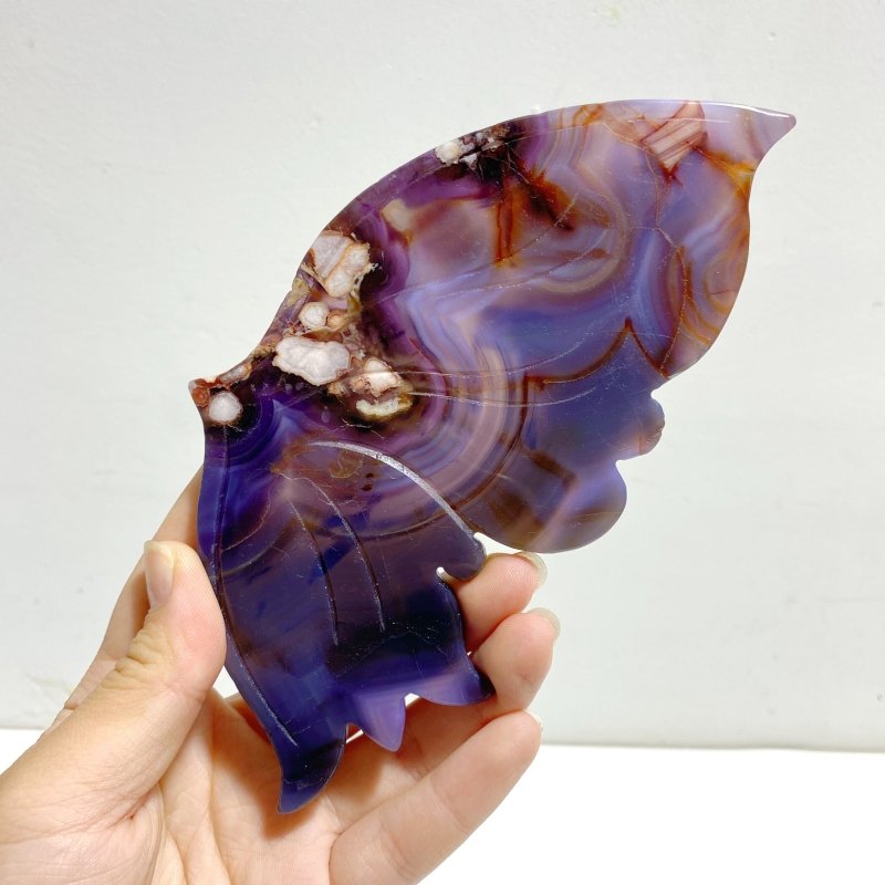 Purple Sakura Flower Agate Butterfly Wing Carving With Stand - Wholesale Crystals