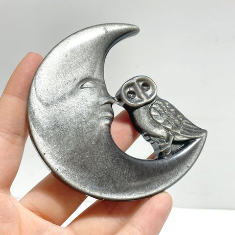 Silver Sheen Obsidian Moon Face Owl Carving Wholesale - Wholesale Crystals