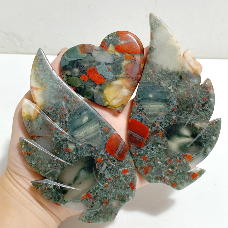 Unique Africa Blood Stone Heart Wing Carving With Stand -Wholesale Crystals