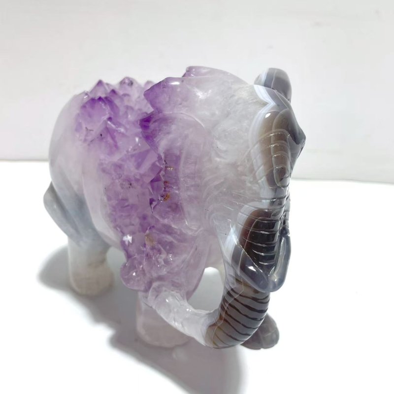 Unique Amethyst Mixed Geode Druzy Agate Elephant Animal Carving A19 - Wholesale Crystals
