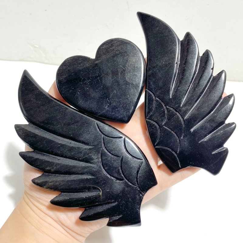 Unique Black Obsidian Heart Wing Carving With Stand -Wholesale Crystals