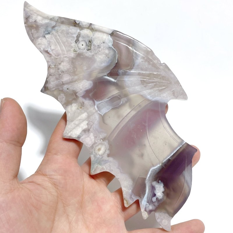 Unique Black Sakura Flower Agate Demon and Angel Wing Carving With Stand - Wholesale Crystals