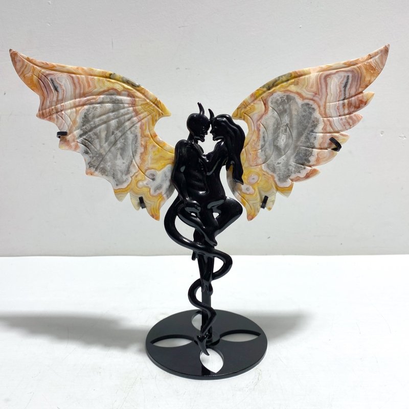 Unique Crazy Agate Demon And Angel Wing Carving With Stand - Wholesale Crystals
