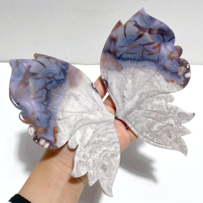 Unique Flower Agate Butterfly Wing Carving With Stand - Wholesale Crystals