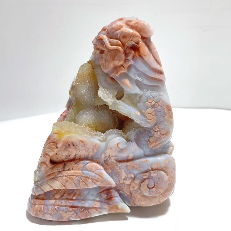 Unique Geode Druzy Pink Agate Chinese Dragon&Phoenix Carving - Wholesale Crystals