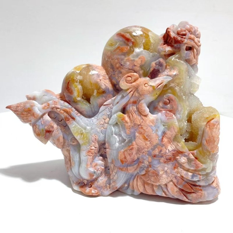 Unique Geode Druzy Pink Agate Chinese Dragon&Phoenix Carving - Wholesale Crystals