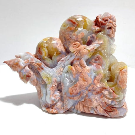 Unique Geode Druzy Pink Agate Chinese Dragon&Phoenix Carving - Wholesale Crystals