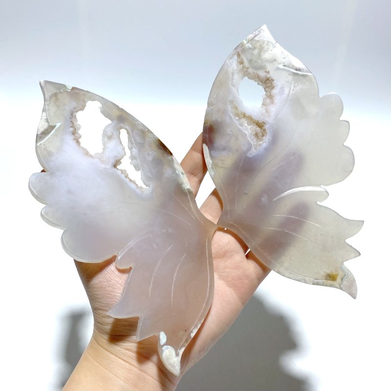 Unique Geode Sakura Flower Agate Butterfly Wing Carving With Stand - Wholesale Crystals