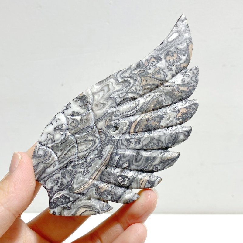 Unique Gray Lace Agate Heart Wing Carving With Stand - Wholesale Crystals