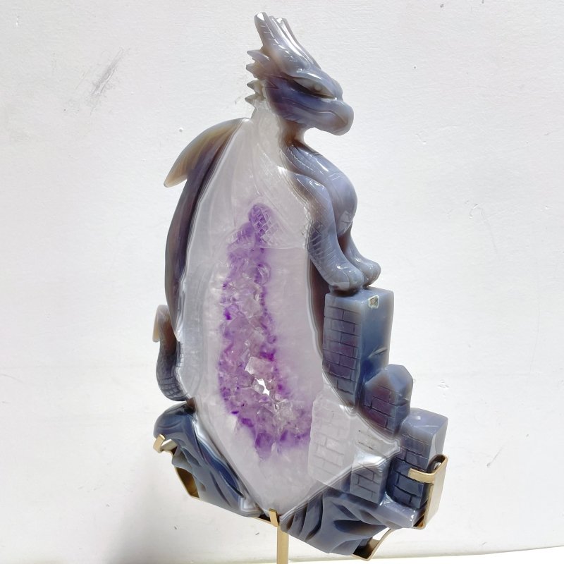 Unique Large Amethyst Mixed Geode Druzy Agate Flying Dragon Castle Carving With Stand - Wholesale Crystals