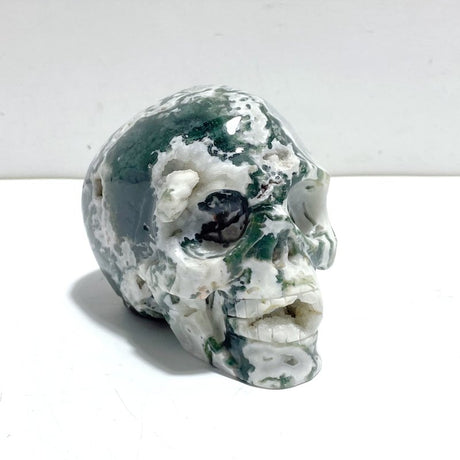 Unique Large Geode Druzy Moss Agate Skull Carving - Wholesale Crystals