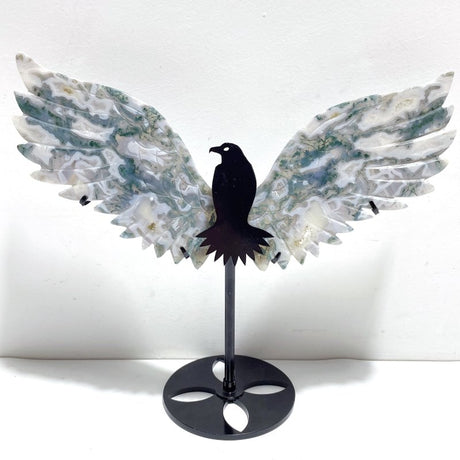 Unique Moss Agate Eagle Wing Carving With Stand - Wholesale Crystals