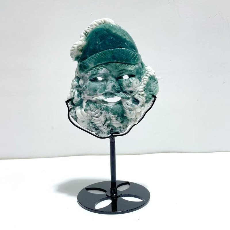 Unique Moss Agate Santa Claus Mask Carving With Stand - Wholesale Crystals