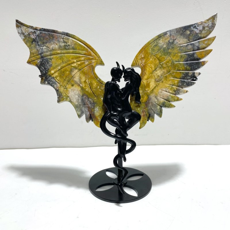 Unique Ocean Jasper Demon Angel Wing Carving With Stand - Wholesale Crystals