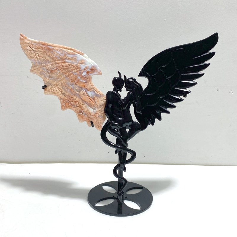 Unique Pink Agate Black Obsidian Demon and Angel Wing Carving With Stand - Wholesale Crystals