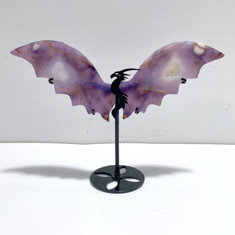 Unique Purple Flower Agate Flying Dragon Wing Carving With Stand - Wholesale Crystals