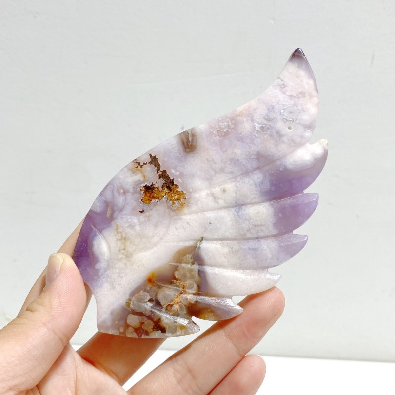 Unique Sakura Flower Agate Heart Wing Carving With Stand - Wholesale Crystals