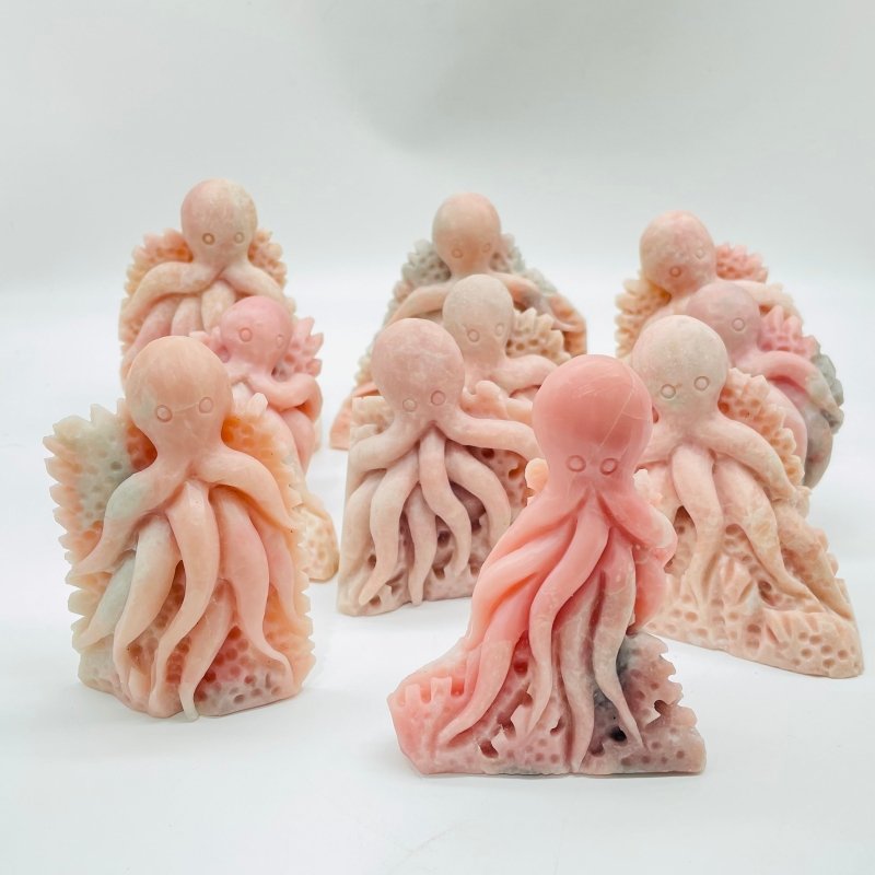 10 Pieces Beautiful Pink Opal Octopus Carving -Wholesale Crystals