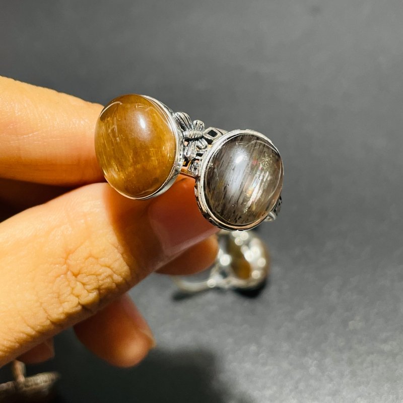 11 Pieces Black Rainbow Sun Stone Different Styles Sterling Silver Ring -Wholesale Crystals