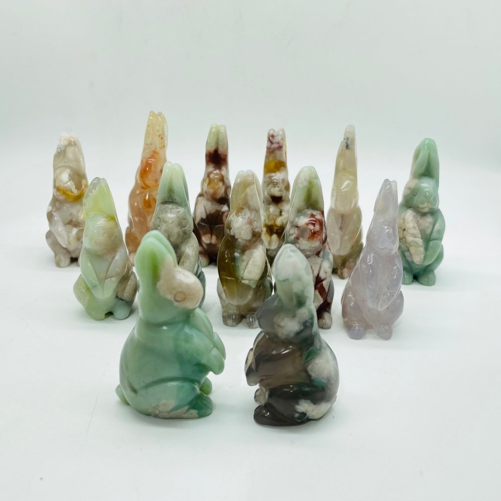 13 Pieces High Quality Sakura Flower Agate Rabbit Carving -Wholesale Crystals