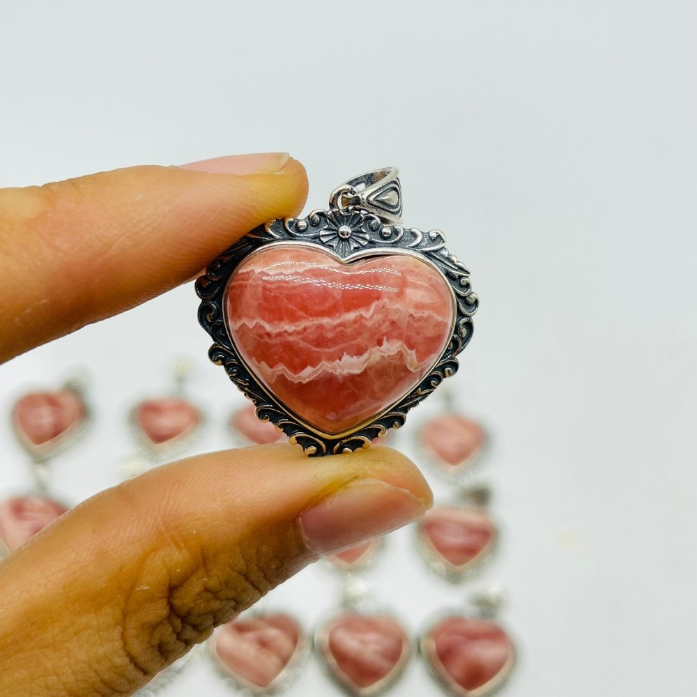 15 Pieces Sterling Silver Heart Rhodochrosite Different Styles Beautiful Pendant -Wholesale Crystals