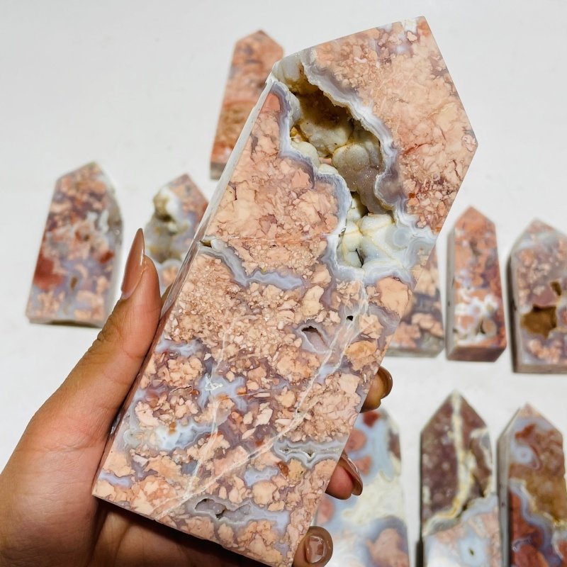 17 Pieces High Quality Pink Flower Agate Druzy Geode Four-sided Tower -Wholesale Crystals