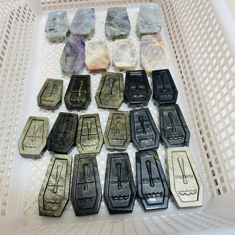 24 Pieces Mixed Stone Coffin Carving labradorite & Gold Obsidian Sunstone Fluorite -Wholesale Crystals