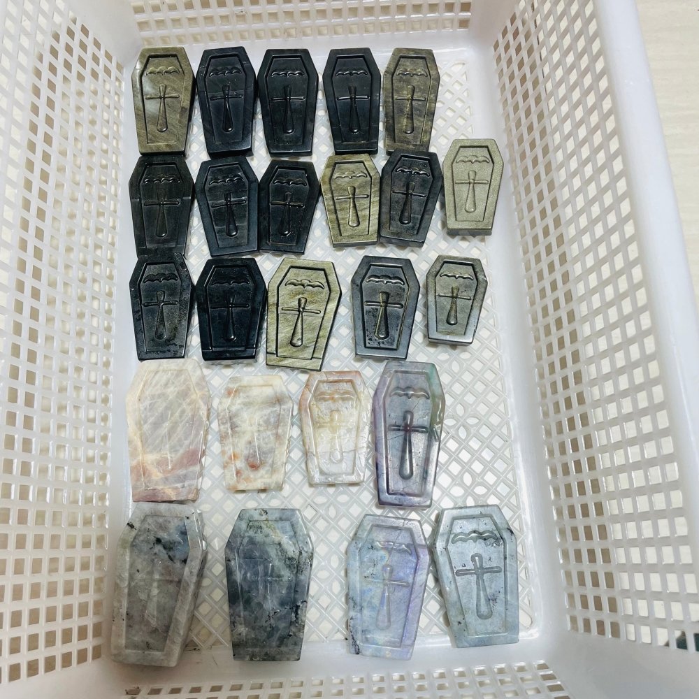 24 Pieces Mixed Stone Coffin Carving labradorite & Gold Obsidian Sunstone Fluorite -Wholesale Crystals