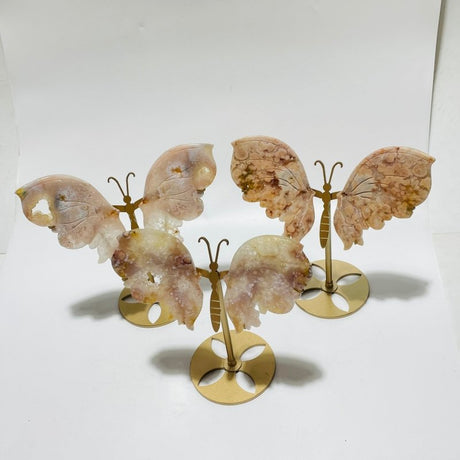 3 Pairs Geode Sakura Flower Agate Butterfly Wing Carving With Stand - Wholesale Crystals