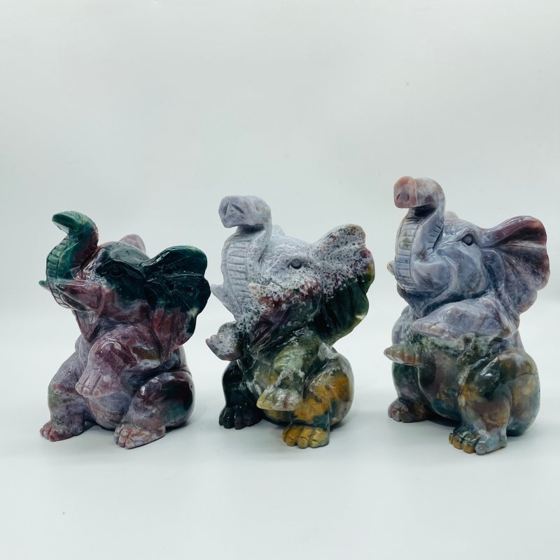 3 Pieces High Quality Large Ocean Jasper Elephant Carving -Wholesale Crystals