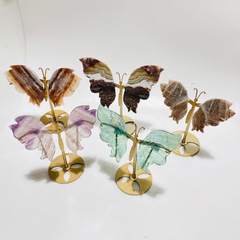 5 Pairs Butterfly Wing Carving With Stand Morocco Agate Moonstone - Wholesale Crystals