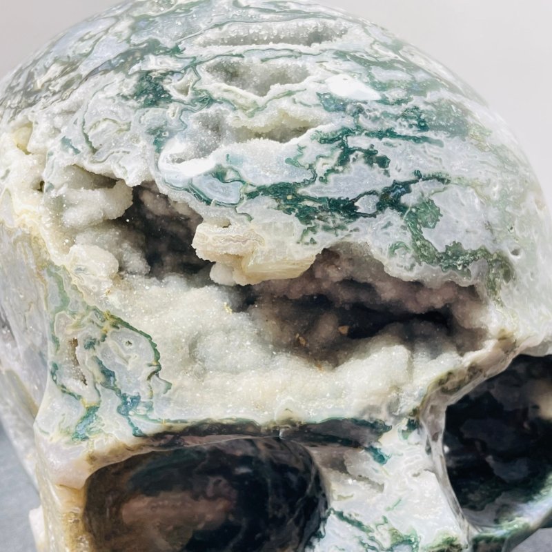 71.8kg Very Large Geode Druzy Moss Agate Skull Carving 20Inch - Wholesale Crystals
