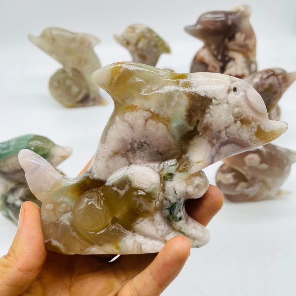9 Pieces Sakura Flower Agate Dolphin Carving -Wholesale Crystals