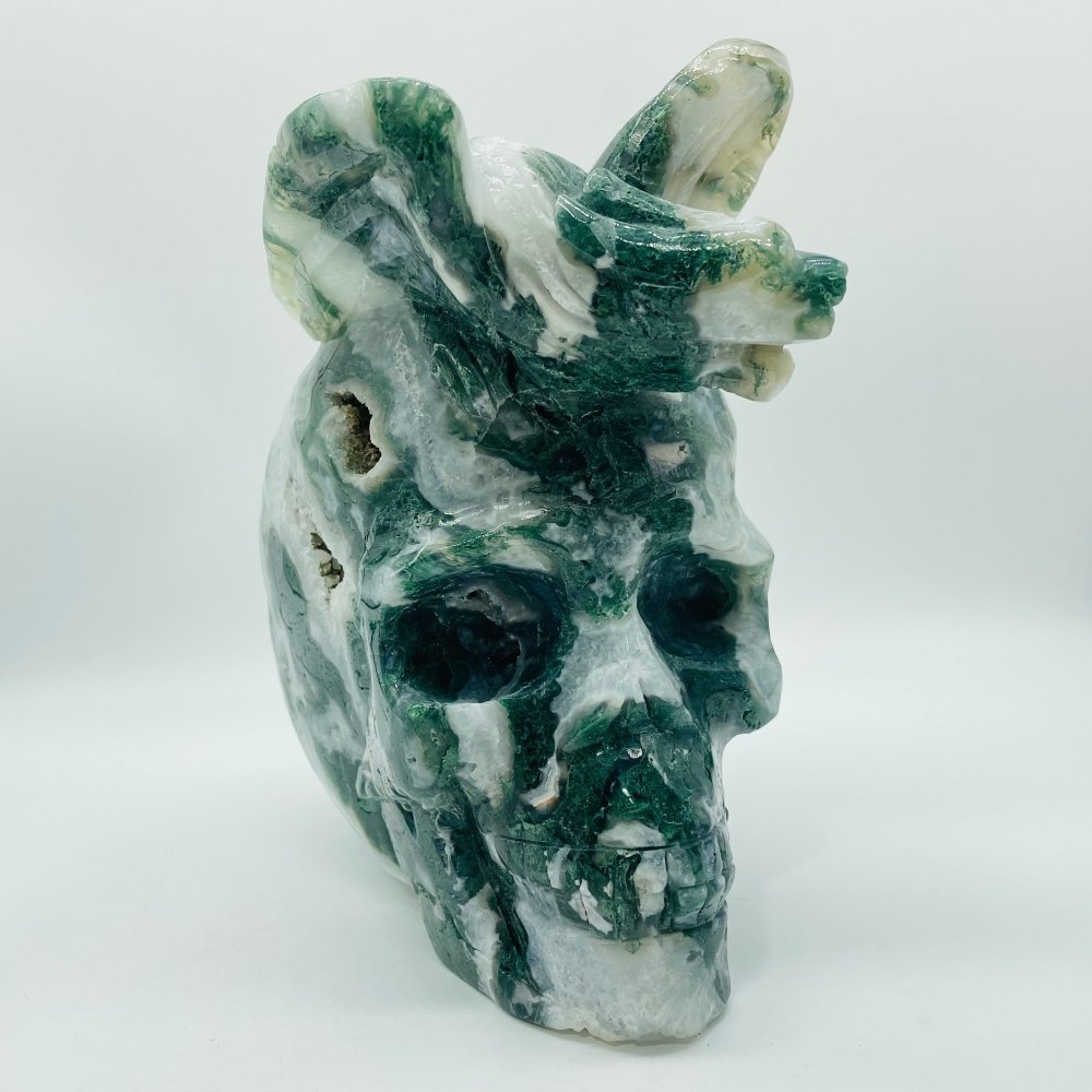 Large Moss Agate Flying Dragon Standing On Skull Carving -Wholesale Crystals