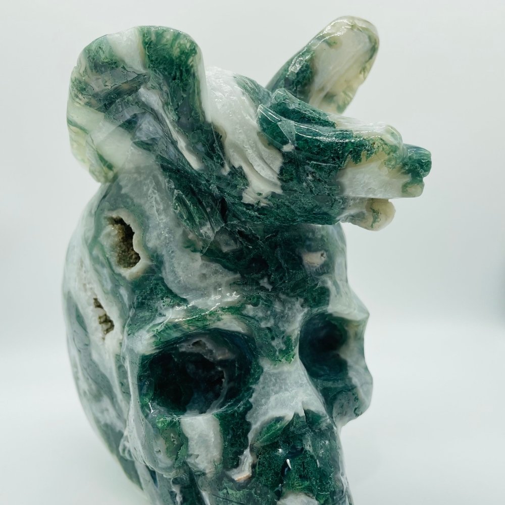 Large Moss Agate Flying Dragon Standing On Skull Carving -Wholesale Crystals