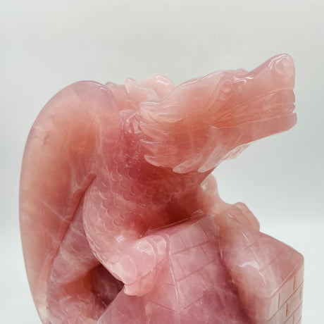 Large Unique Madagascar Rose Quartz Dragon With Castle Carving -Wholesale Crystals
