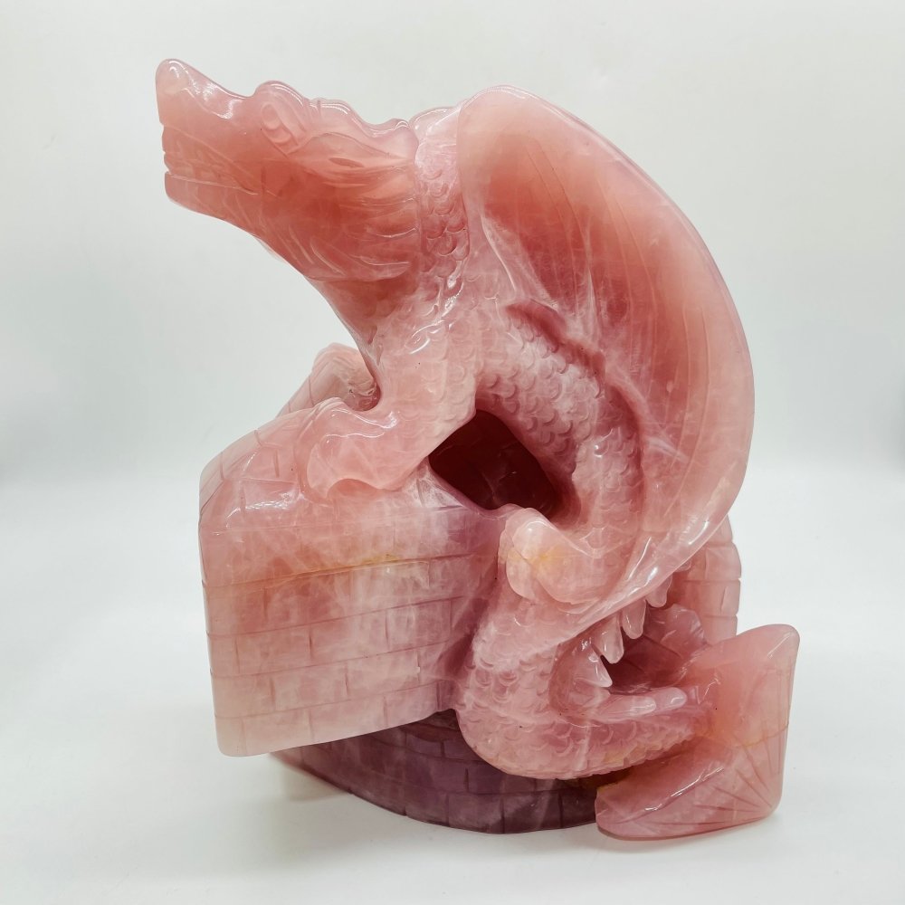 Large Unique Madagascar Rose Quartz Dragon With Castle Carving -Wholesale Crystals