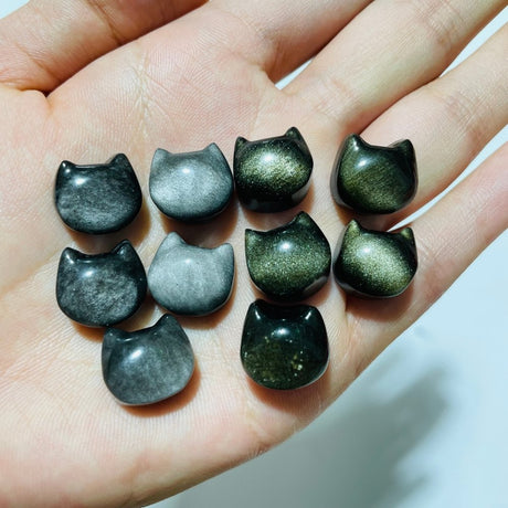 Mini Gold&Silver Sheen Obsidian Cat Head Shape Carving Wholesale -Wholesale Crystals
