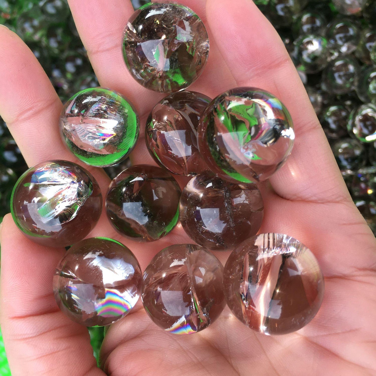 small smoking quartz spheres with rainbow -Wholesale Crystals