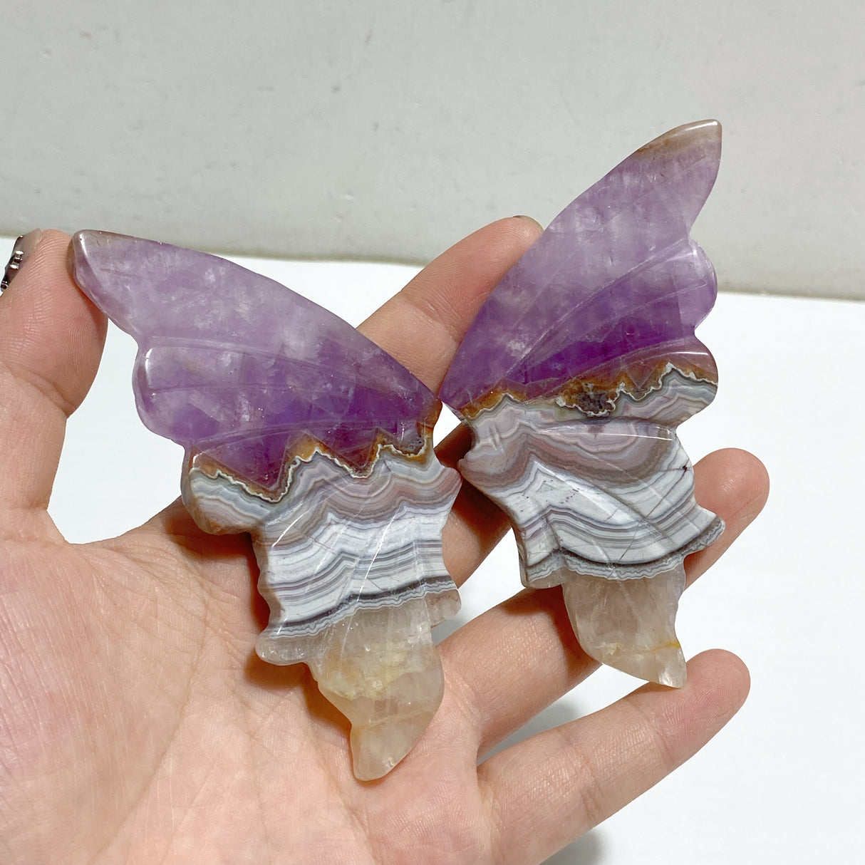 Amethyst Mixed Stripe Agate Butterfly Wing Carving With Stand Wholesale