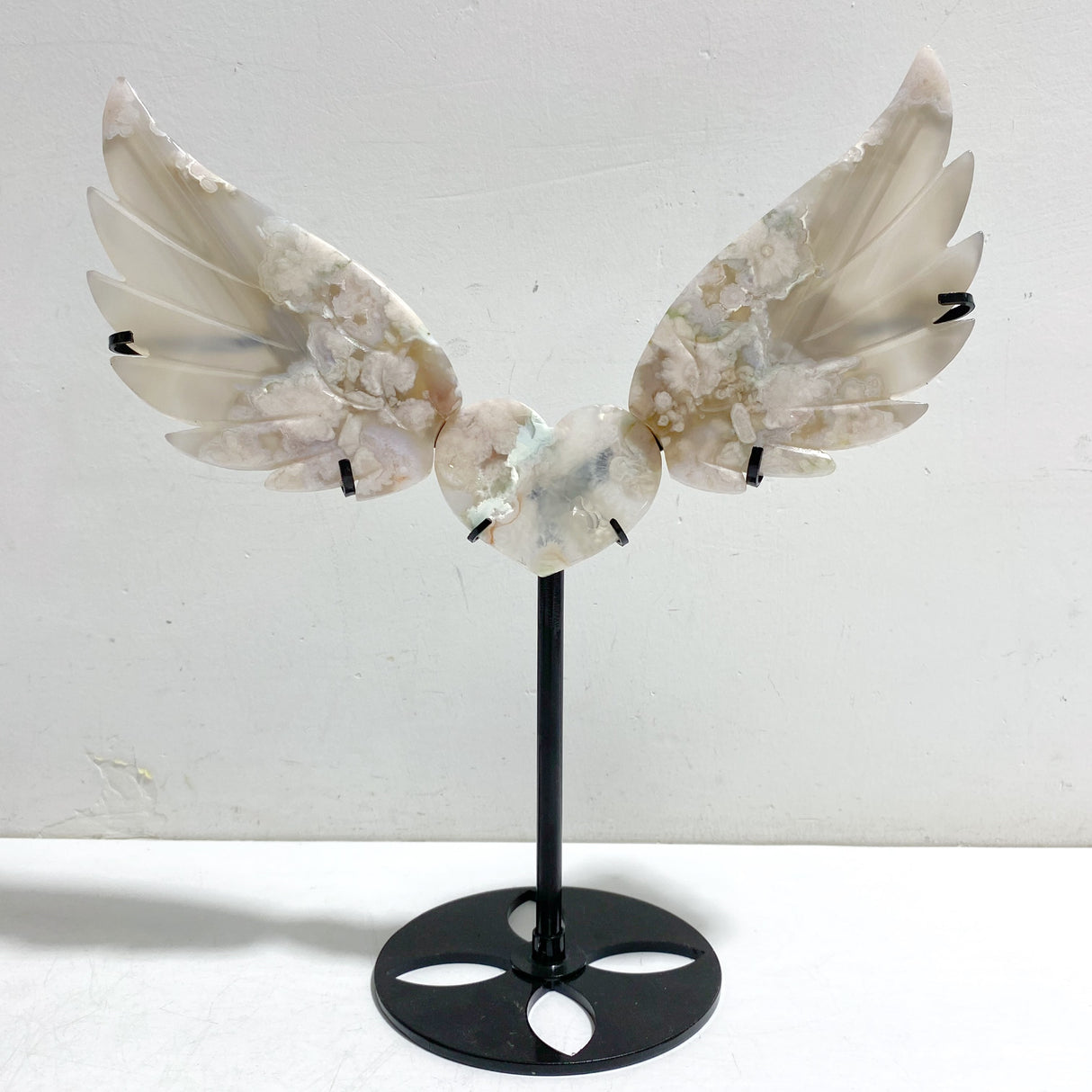 Green Sakura Flower Agate Heart Wing Carving With Stand