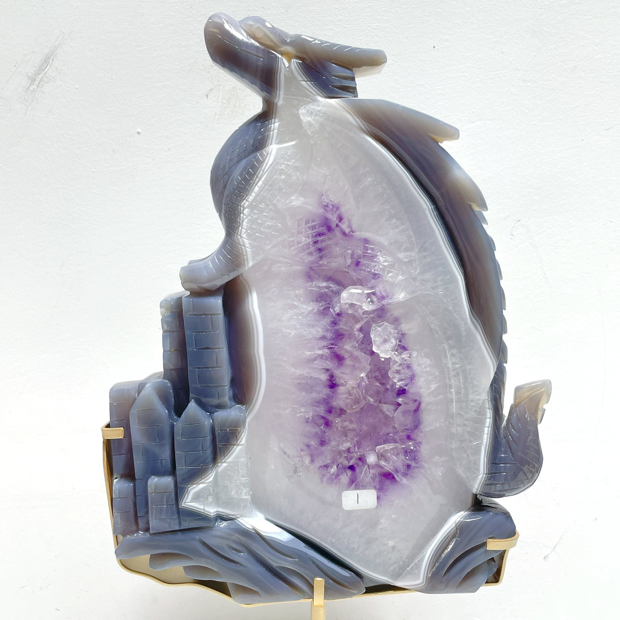 Beautiful Large Amethyst Mixed Geode Agate Flying Dragon Castle Carving With Stand