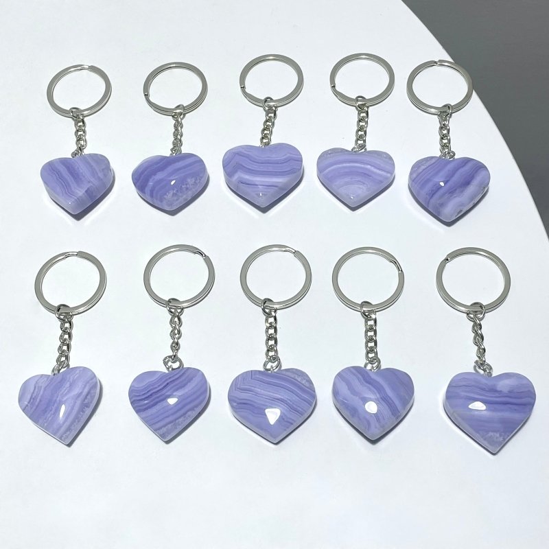 10 Pieces Blue Lace Agate Heart Keychain - Wholesale Crystals