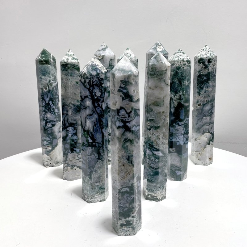 10 Pieces Geode Moss Agate Tower Points 25cm - Wholesale Crystals