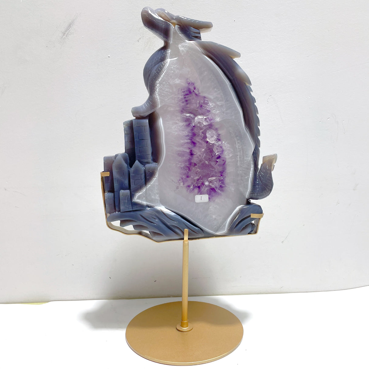 Beautiful Large Amethyst Mixed Geode Agate Flying Dragon Castle Carving With Stand