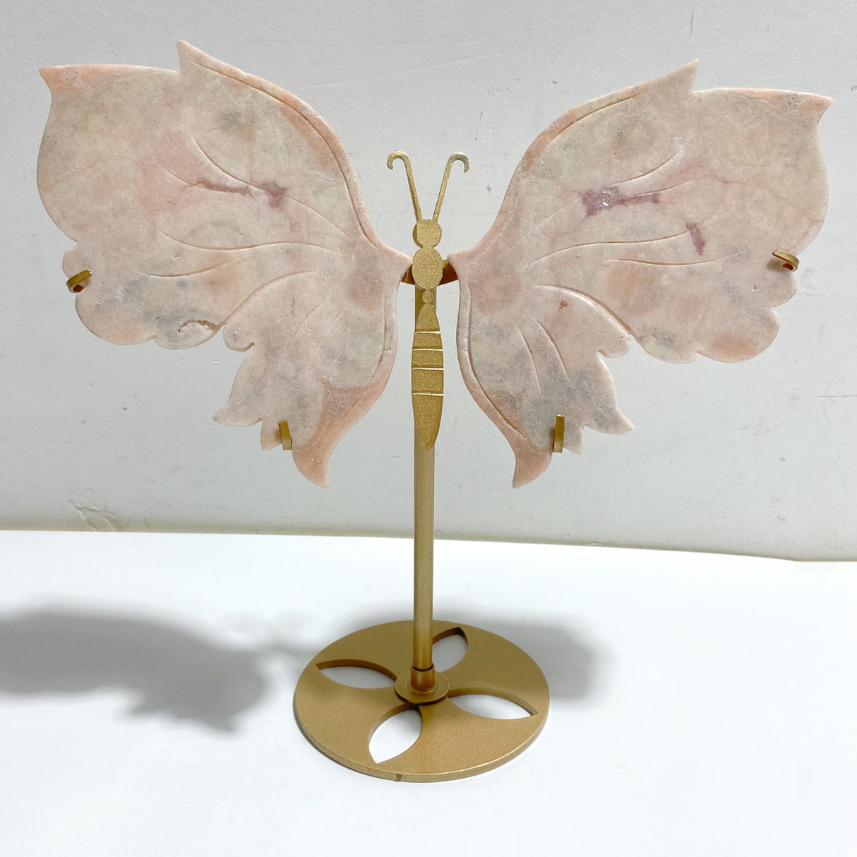 Pink Agate Butterfly Wing Carving With Stand
