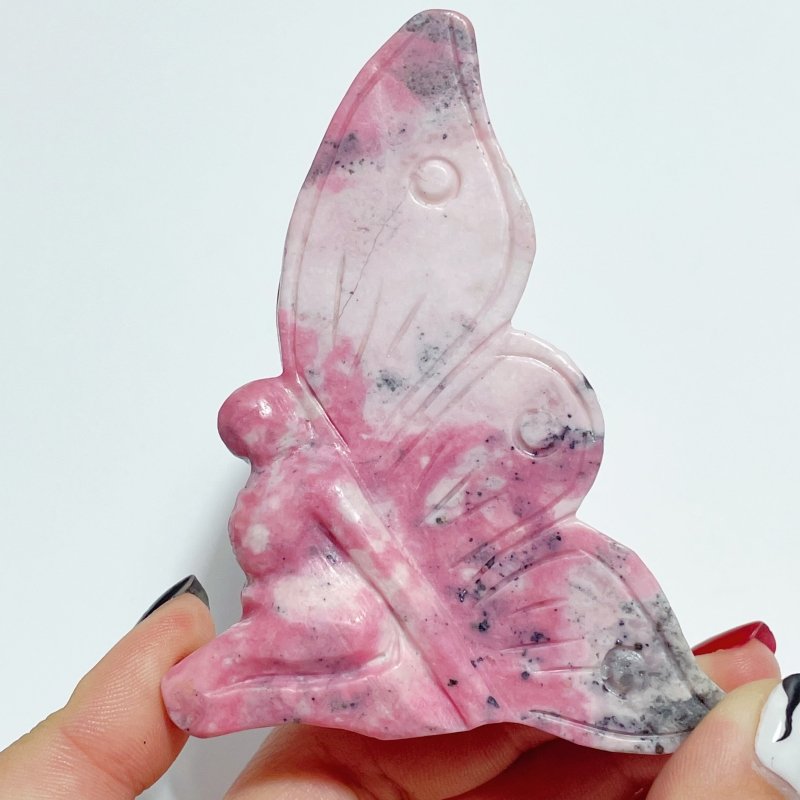 12 Pieces Beautiful Rhodonite Butterfly Fairy Carving - Wholesale Crystals