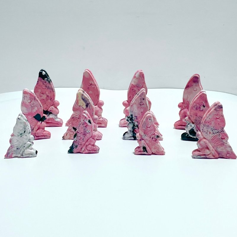 12 Pieces Beautiful Rhodonite Butterfly Fairy Carving - Wholesale Crystals