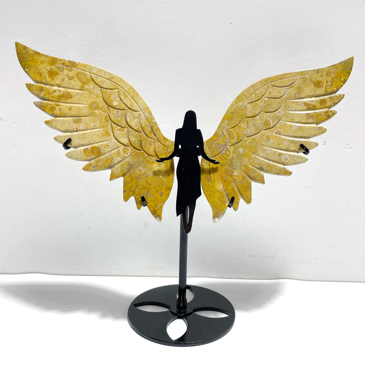 Unique Yellow Ocean Jasper Angel Wing Carving With Stand