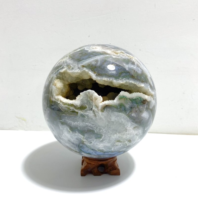 13CM Large Druzy Geode Moss Agate Beautiful Sphere - Wholesale Crystals